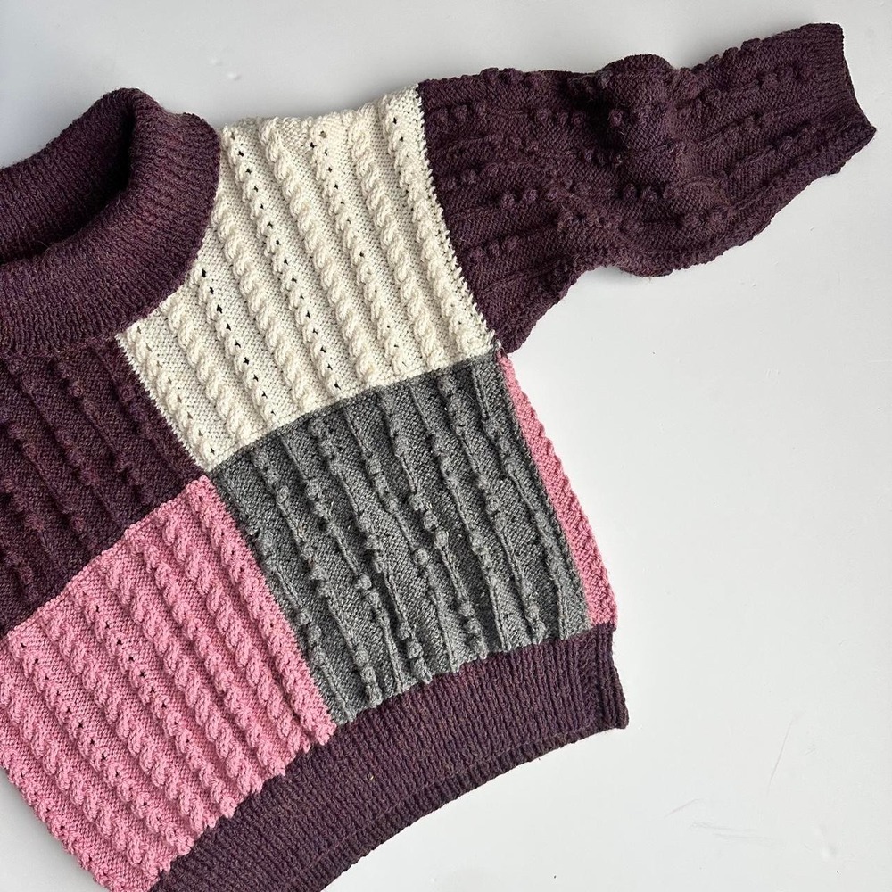 Vintage Handmade Cable Knit Sweater Womens L Purple Color Block - Picture 2 of 8